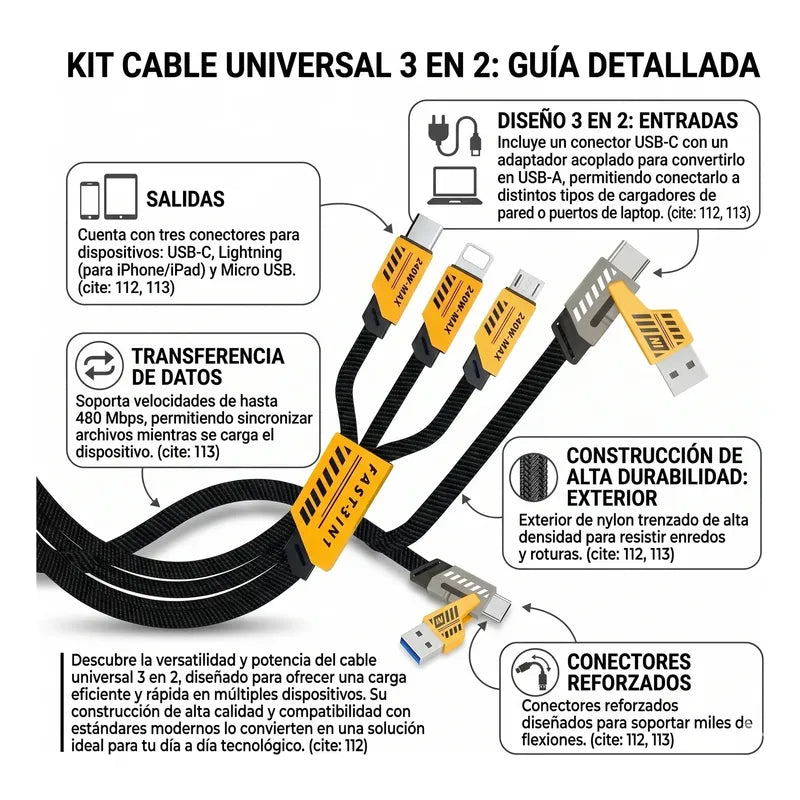 Cable De Carga Rápida 3 En 2 Usb + Usb C De 240 W Y 1,2 M Negro