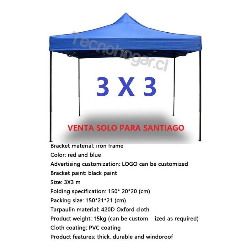 Toldo 3x3 Plegable Metálico Inoxidable Lona, Resiste Lluvia Azul