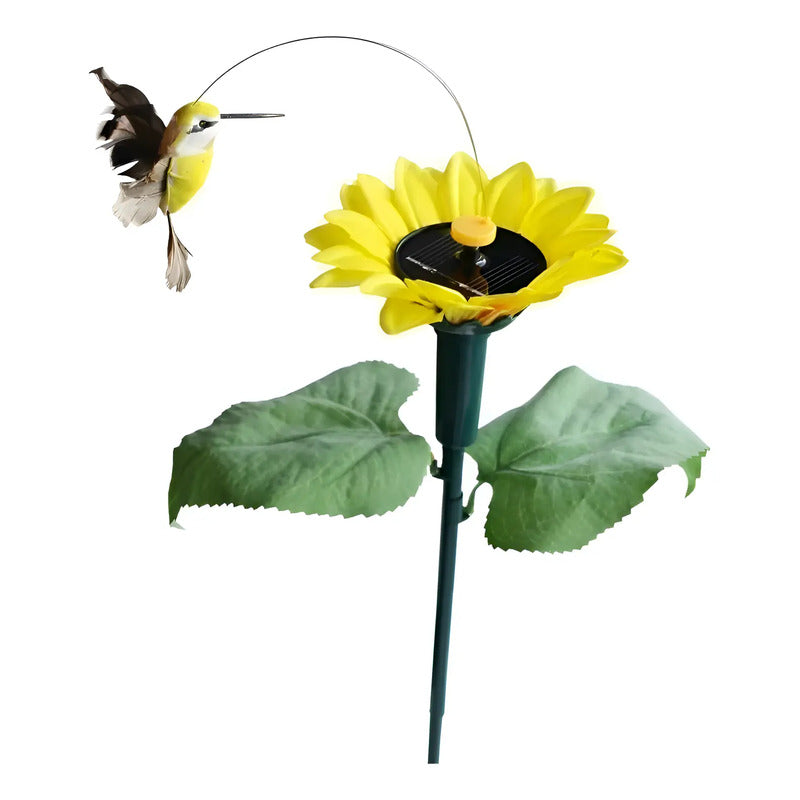 Kit Jardín Solar: 2 Estacas Árbol Navidad Luz Cálida Amarilla + 4 Estacas Colibrí Giratorias Amarillas