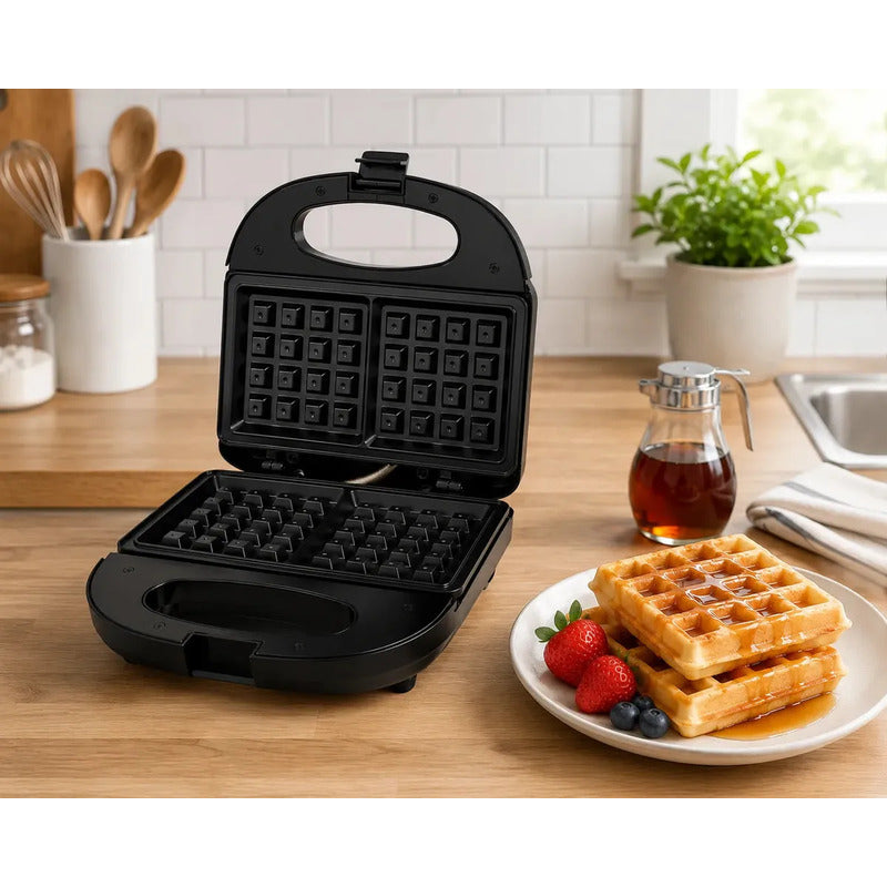 Waflera Eléctrica Doble Cuadrada Antiadherente 2 Waffles Rápida Compacta Hogar Cocina Desayuno Negro
