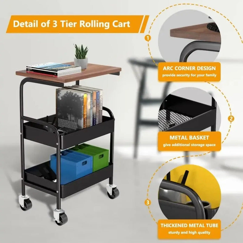 Carrito Organizador Metalico Con Ruedas Y Tapa De Madera Negro