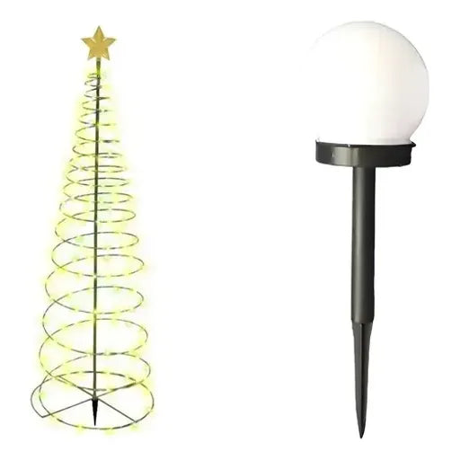 Kit Navidad: Estaca Solar Árbol Led Amarillo 85cm + 6 Focos Solares Globo Blancos