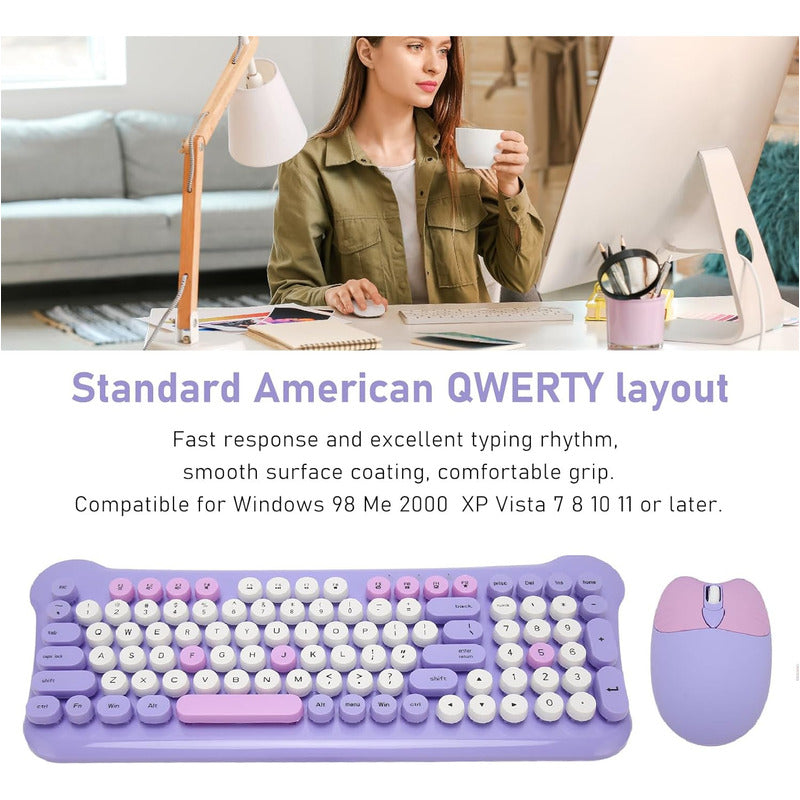 Teclado Gamer Inalámbrico + Mouse 2.4g  Retro Color Pastel Violeta