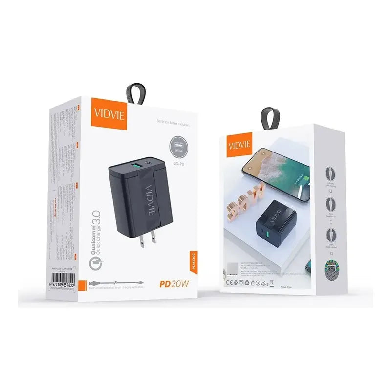 Cargador Vidvie Carga Rapida Tipo-c Dos Puertos 1 Mt Negro