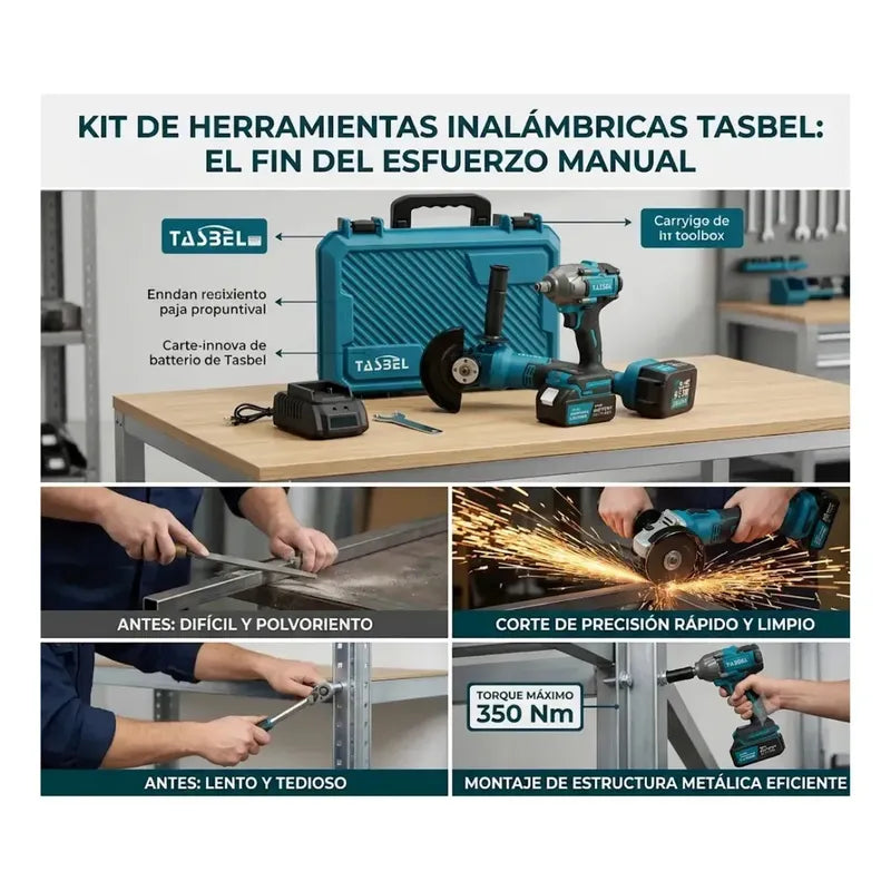 Kit De Llave De Impacto Inalámbrica Y Esmeril Angular Tasbel Con 2 Baterías Y Maletín Turquesa 220v 50