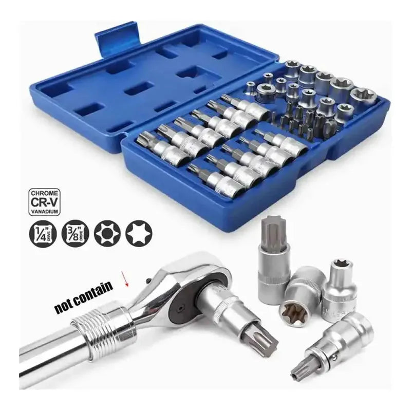 Set De Dados 34 Piezas 3/8 Estrella Torx Macho Hembra
