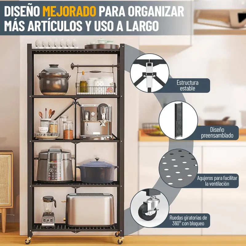Estanteria Plegable Metalica 5 Estantes Con Ruedas Rack Negr Negro