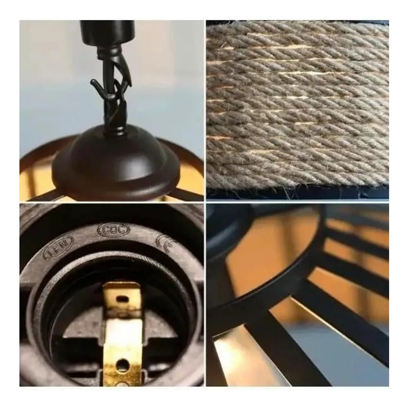 Lampara Redonda 30cm Con Cuerda Cáñamo Metal Rustica Negro