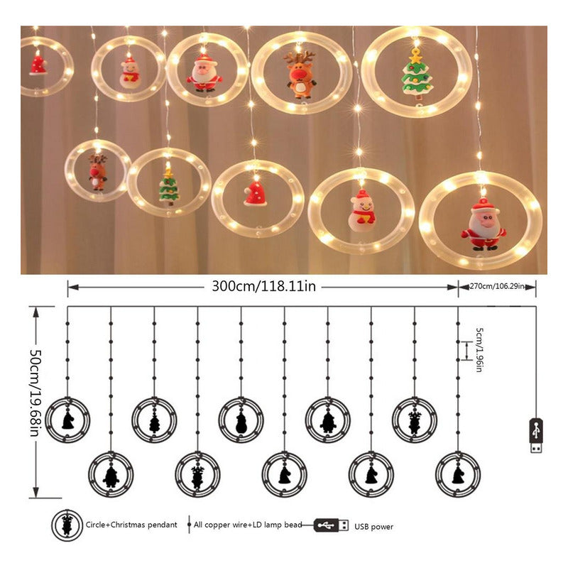 Cortina Guirnalda Led Aros Navidad Luz Decoración 3mts Usb