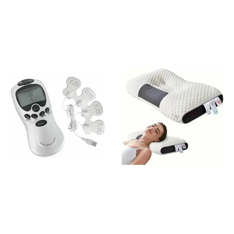 Kit Relax: Electro Estimulador Tens Masajeador 4 Electrodos Blanco + Almohada Ortopédica Cervical Blanco