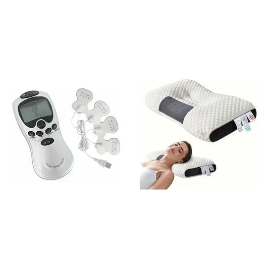 Kit Relax: Electro Estimulador Tens Masajeador 4 Electrodos Blanco + Almohada Ortopédica Cervical Blanco