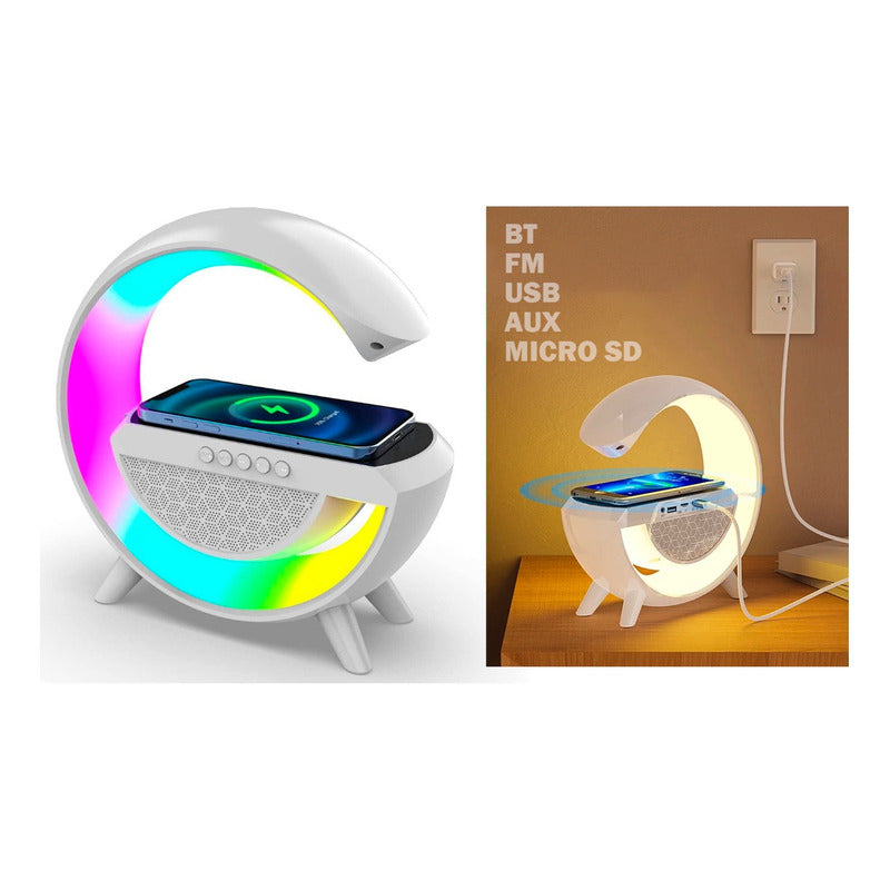 Cargador Inalambrico Parlante Bluetooth Lampara Usb Radio Blanco