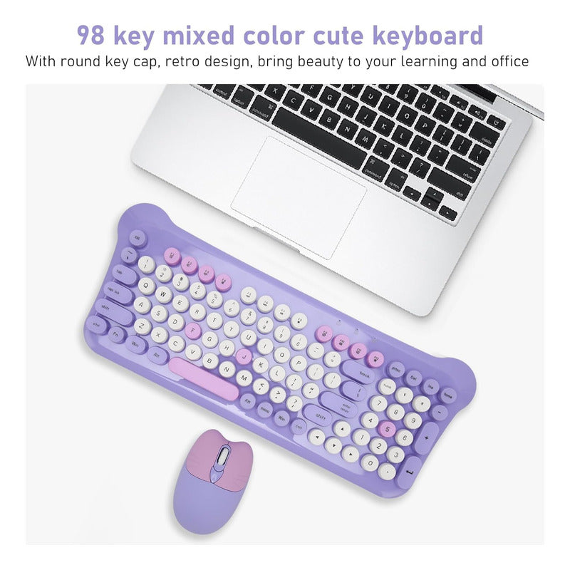 Teclado Gamer Inalámbrico + Mouse 2.4g  Retro Color Pastel Violeta