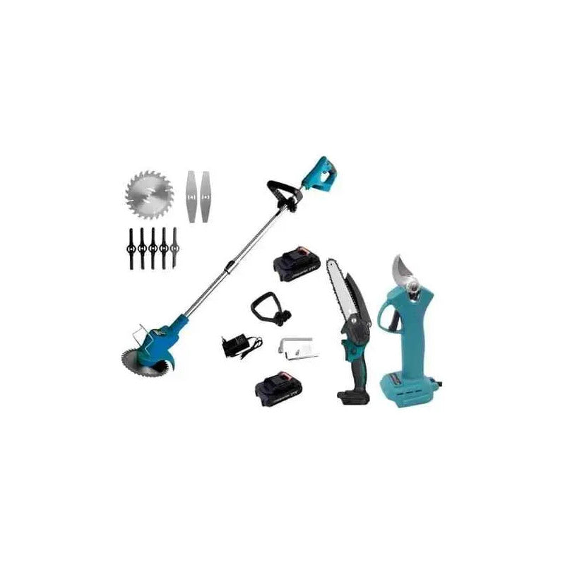 Kit 3 En 1 Cortadora De Pasto + Tijera + Sierra Para Jardin Azul Acero