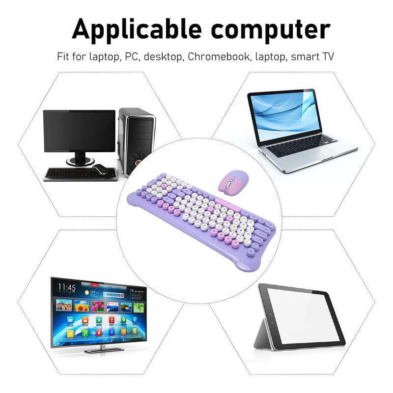 Teclado Gamer Inalámbrico + Mouse 2.4g  Retro Color Pastel Violeta