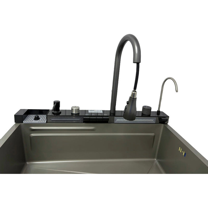 Lavaplatos Fregadero Tecnohogar Cocina Digital Led 7 Modos De Agua Acero Inoxidable Cascada Lavavasos Termómetro Dispensador Jabón Escurridor Tabla De Cortar Matte Griferías Extraíble Gp3 Gris
