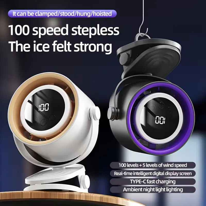 Ventilador Recargable Digital Liviano Mesa Escritorio Gancho 12 Cm 50hz-60hz Negro Plástico 7