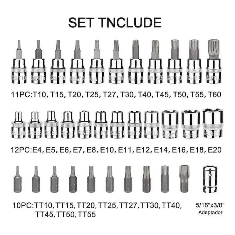Set De Dados 34 Piezas 3/8 Estrella Torx Macho Hembra