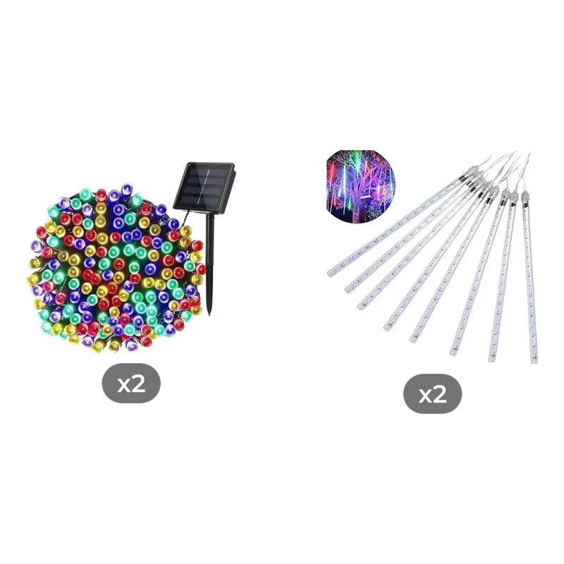 Kit Iluminación Solar: 2 Guirnaldas 100 Led Multicolor 10 M + 2 Tubos Led Lluvia Meteoritos Cálido