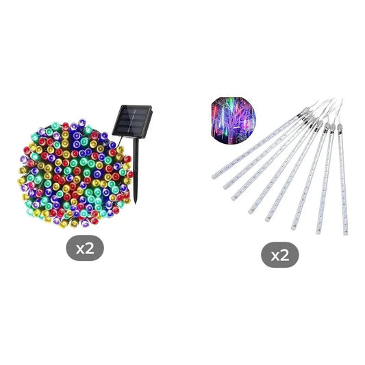 Kit Iluminación Solar: 2 Guirnaldas 100 Led Multicolor 10 M + 2 Tubos Led Lluvia Meteoritos Cálido