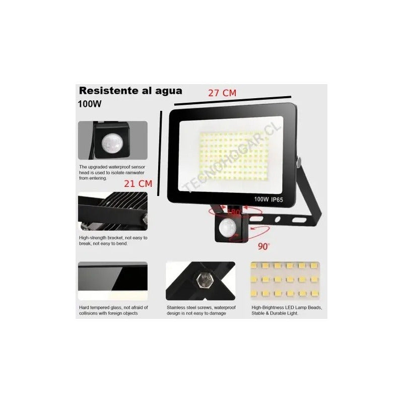 Foco Led Con Sensor De Movimiento 100w Resistente Al Agua Negro Blanco Frío