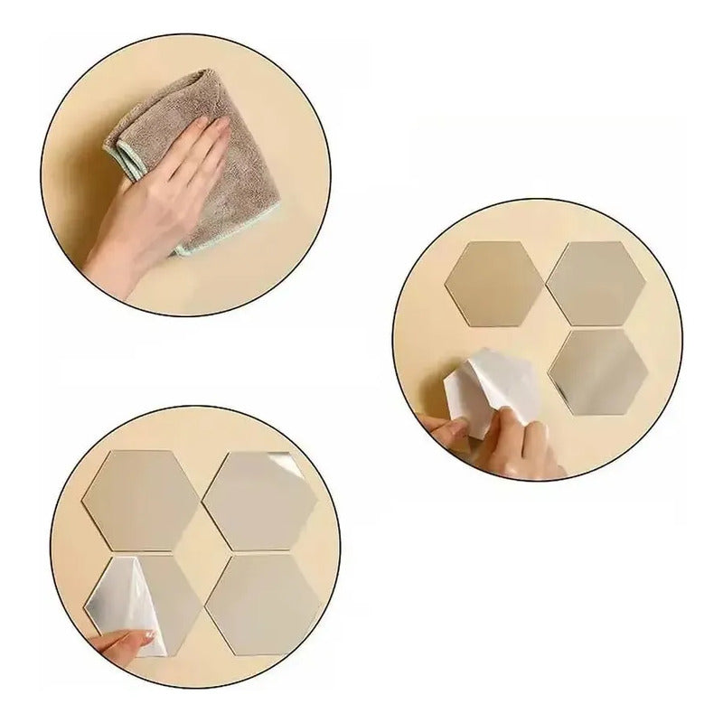 Set X6 Pegatinas Espejos Acrilicos Pared Adhesivo Hexagonal Espejo