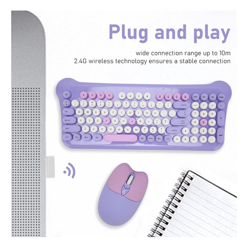 Teclado Gamer Inalámbrico + Mouse 2.4g  Retro Color Pastel Violeta
