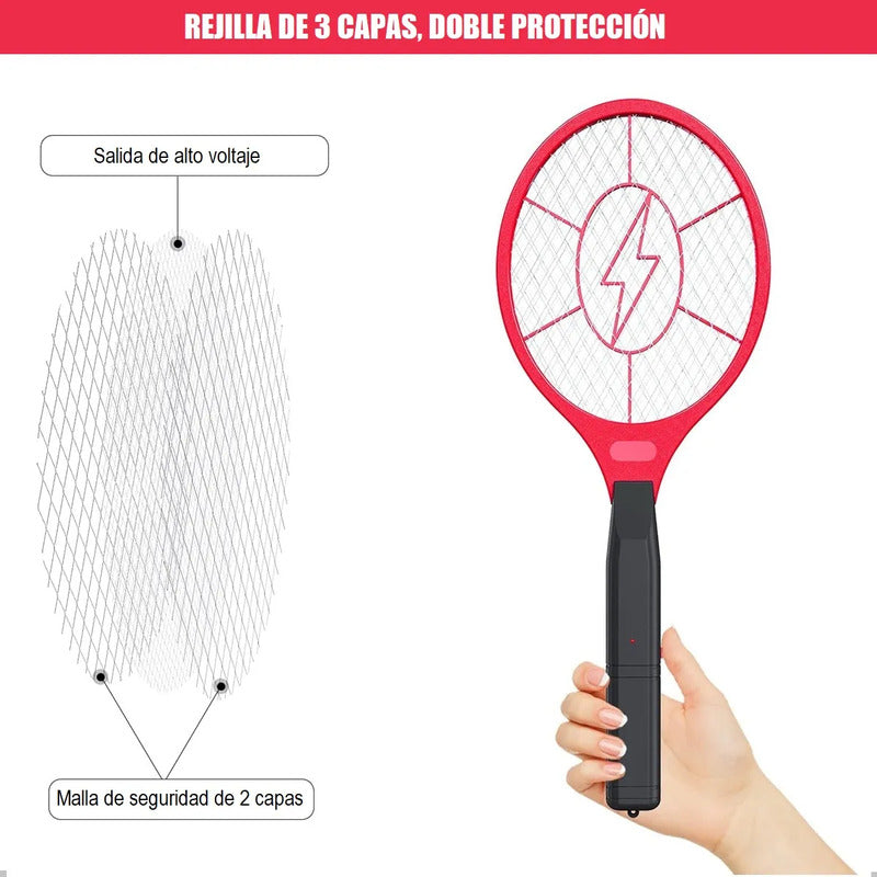 Raqueta Electrica Mata Mosca Recargable Insectos Mosquitos Rojo