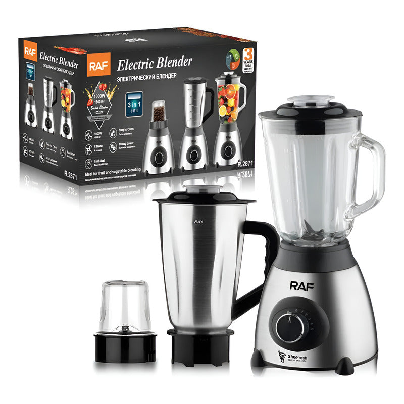 Licuadora Raf 1000w 6 Cuchillas 3 En 1 Color Plateado
