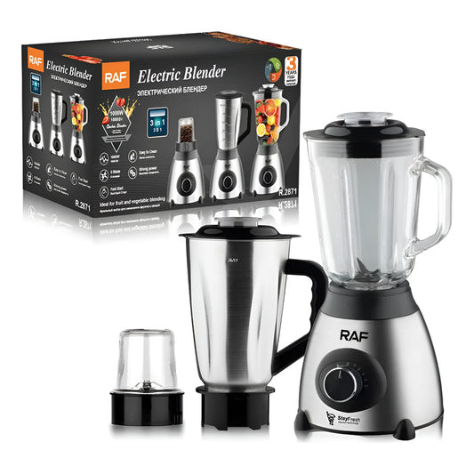 Licuadora Raf 1000w 6 Cuchillas 3 En 1 Color Plateado