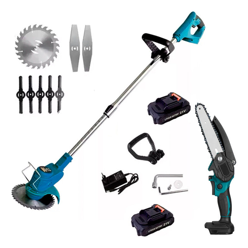 Kit 2 En 1 Cortadora De Pasto + Mini Moto Sierra Inalámbrica
