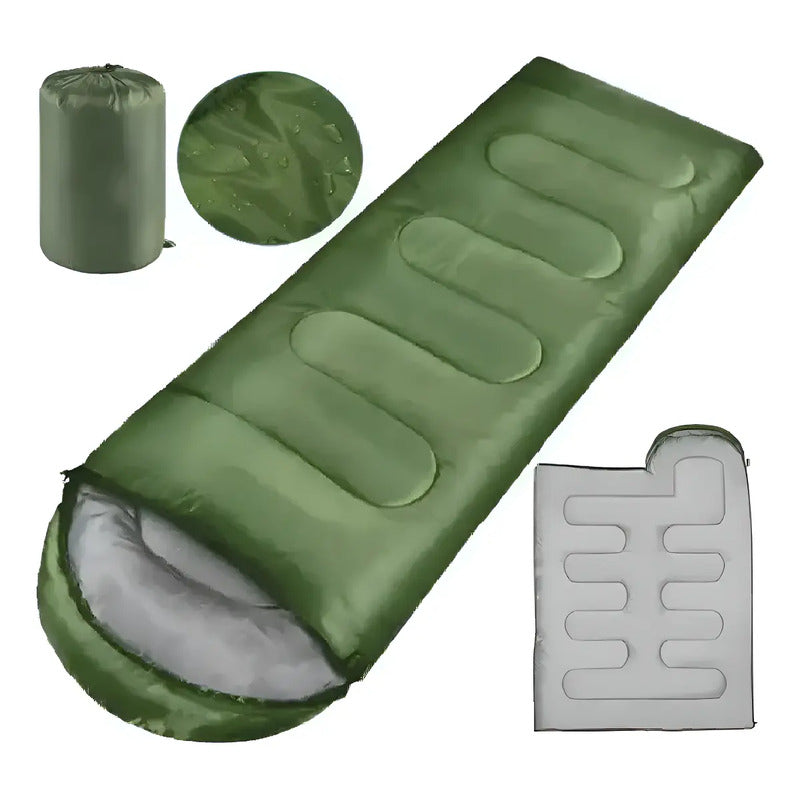 Kit Camping: Saco Dormir Portátil Azul 950g + Ampolleta Recargable Luz Cálida + Ventilador Batería 15cm