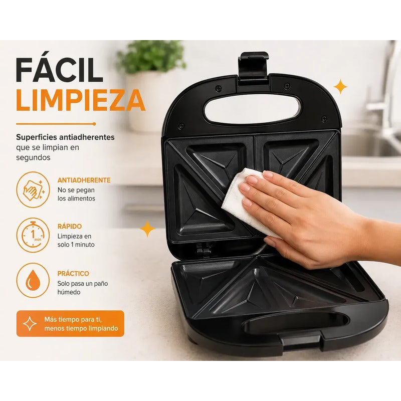 Sandwichera Eléctrica 1200w 2 Sándwiches Antiadherente Grill Tostador Compacto Fácil Limpieza Placas Selladas Cocina Rápida Desayunos Snacks Hogar Negro
