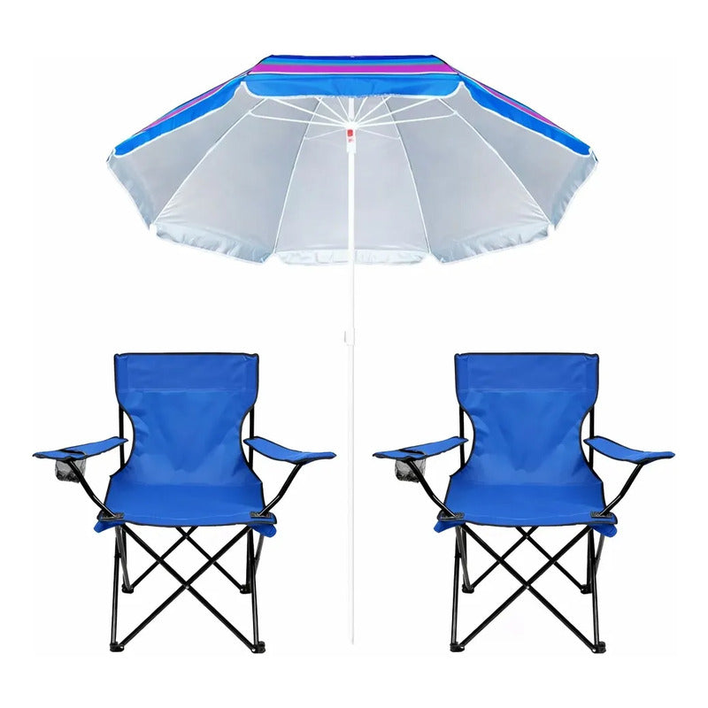Kit Camping: Luz Emergencia Solar+cargador Usb+3 Ampolletas Blanco Frío + 2 Sillas + Quitasol