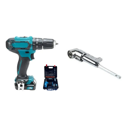 Kit Herramientas: Taladro Atornillador Inalámbrico Recargable Azul + Adaptador Angular 90°