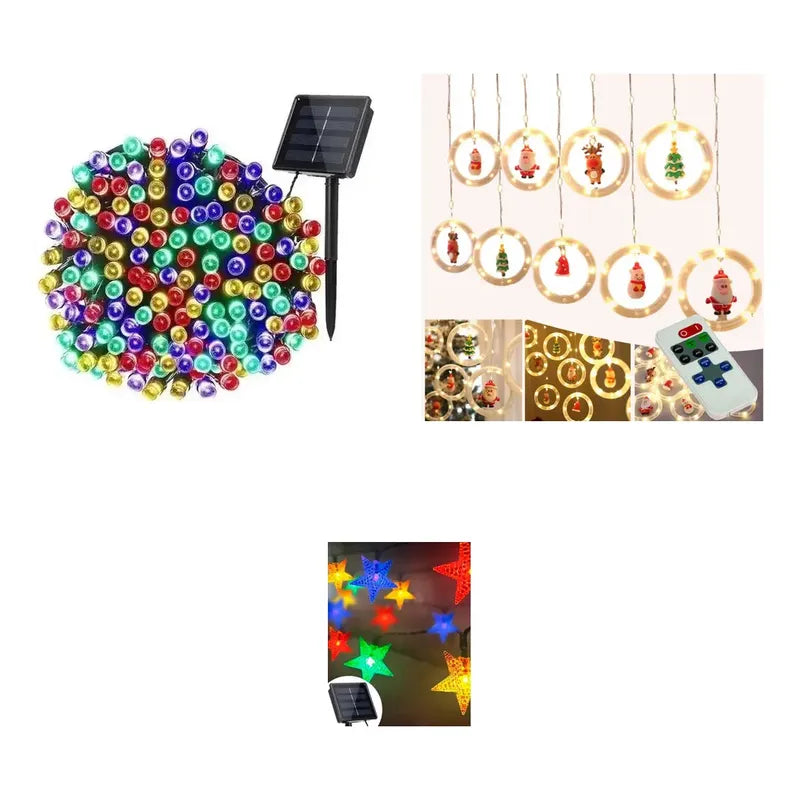 Kit Navidad: Guirnalda Estrellas Led Solar Multicolor + Guirnalda Solar 100 Led 10m + Aros Led Usb 3m Cálida