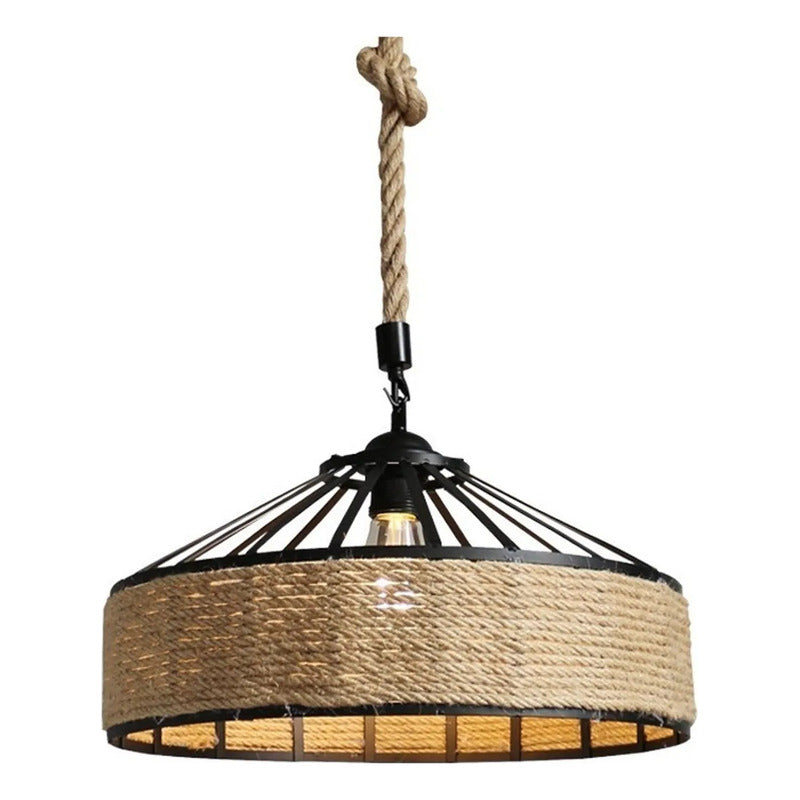 Lampara Redonda 30cm Con Cuerda Cáñamo Metal Rustica Negro