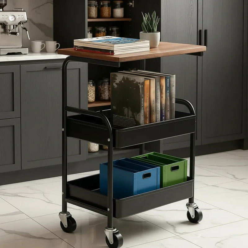 Carrito Organizador Metalico Con Ruedas Y Tapa De Madera Negro