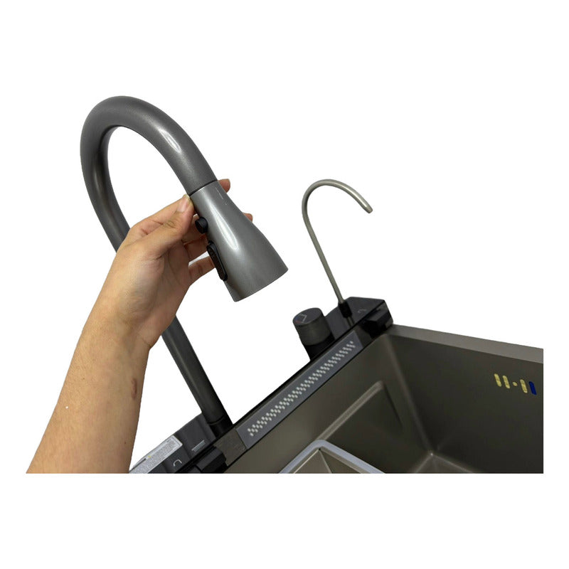 Lavaplatos Fregadero Tecnohogar Cocina Digital Led 7 Modos De Agua Acero Inoxidable Cascada Lavavasos Termómetro Dispensador Jabón Escurridor Tabla De Cortar Matte Griferías Extraíble Gp3 Gris