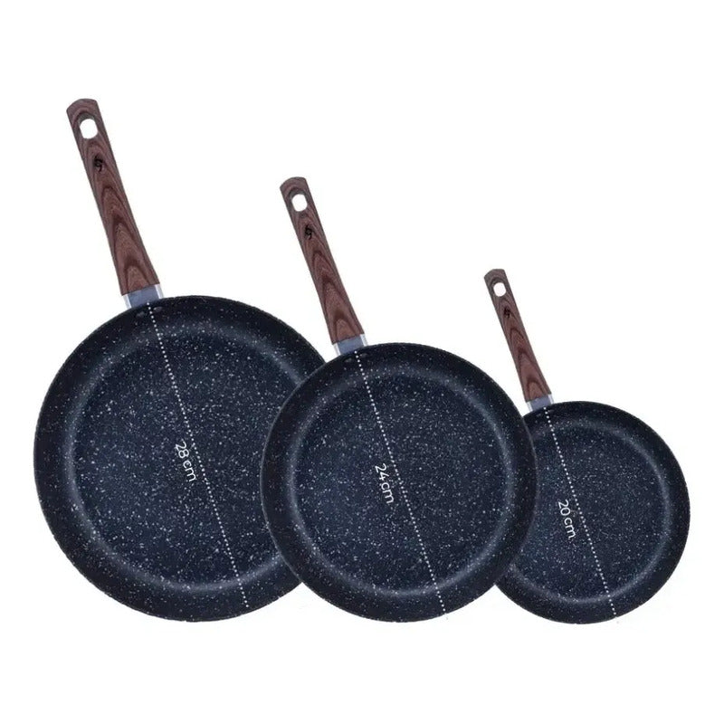 Sartenes De 20 - 24 Y 28cm Granito/madera Antiadherente Negro