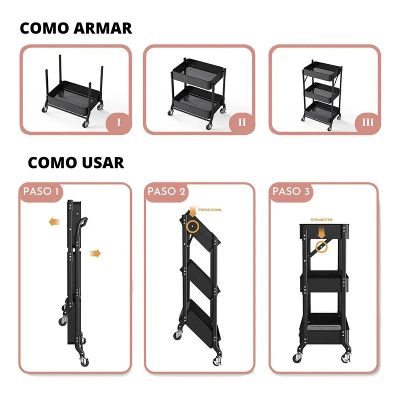 Cajones Con Ruedas Plástico Repisa Móvil Organizador Negro