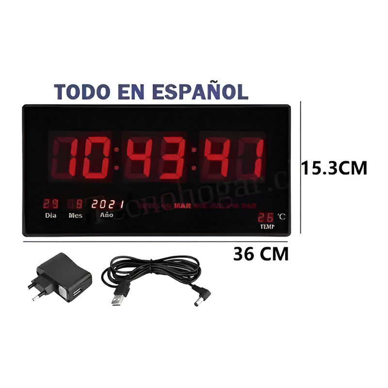 Reloj Digital Pared Led Fecha Temperatura + 35x15 Estructura Negro
