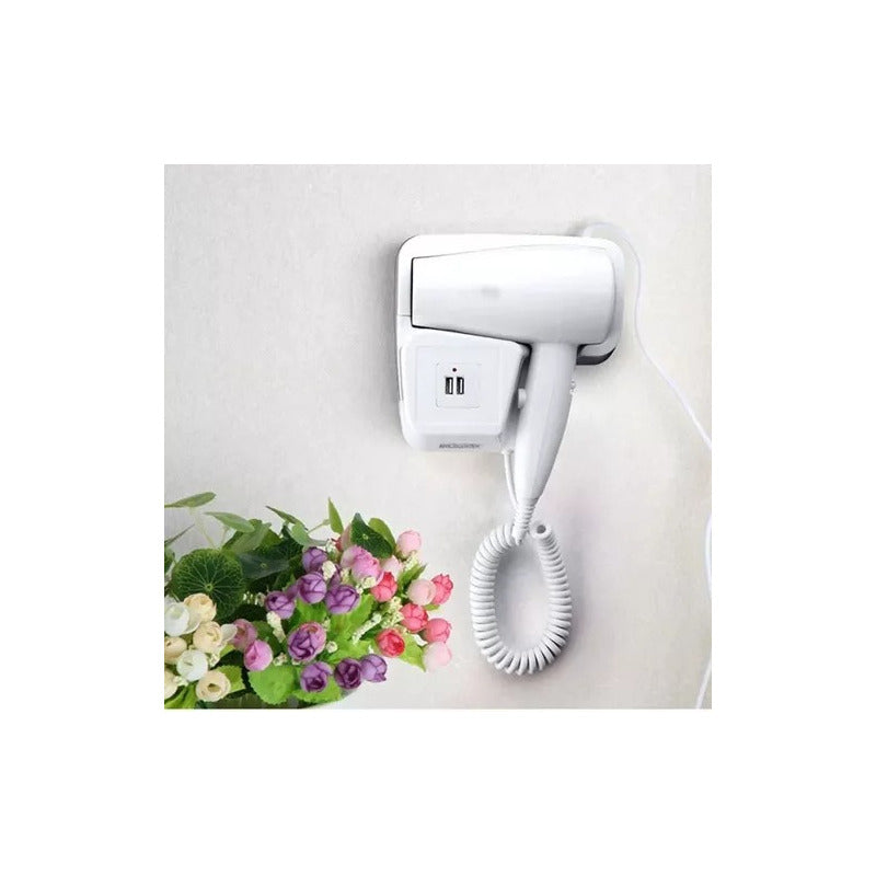 Secador De Cabello Portatil Soporte A Pared Con Puerto Usb Blanco