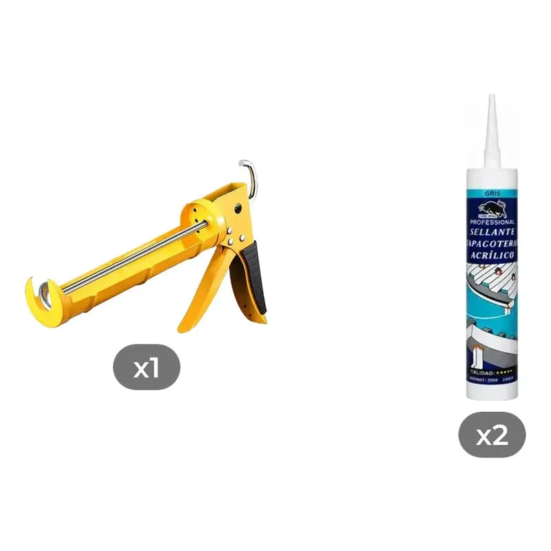 Kit Sellado: Pistola Calafatera Para Cartucho + 2 Siliconas Acéticas Grises Resistentes