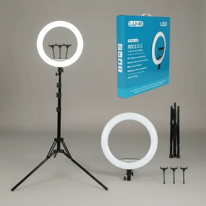 Aro De Luz Profesional Led 44cm + Trípode + 3 Soporte Telef Negro Blanco Frío