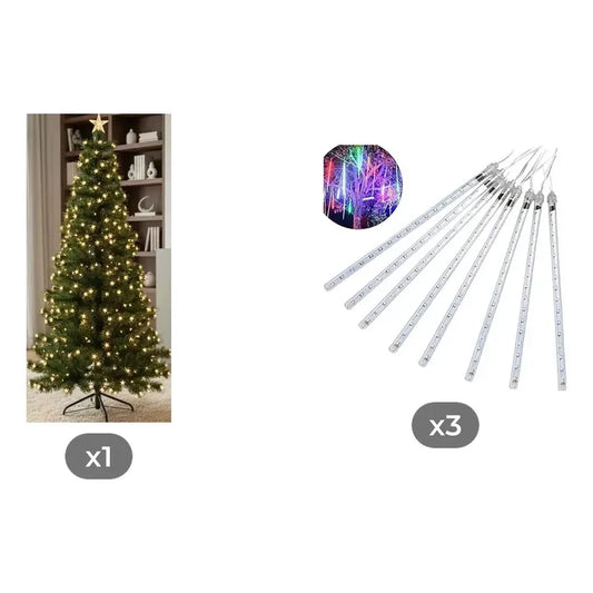 Kit Navidad: Árbol Verde Con Luces Cálidas Y Estrella 170cm + 3 Luces Solar Meteorito Cálidas