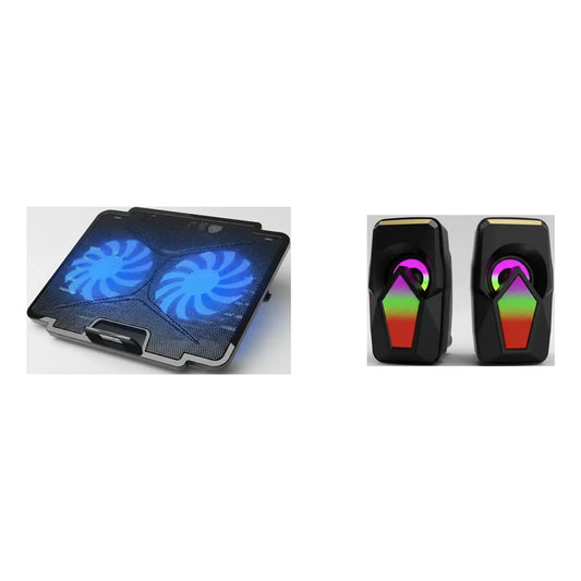 Kit Gamer: Alzador Pc Enfriador Notebook Negro Azul + Parlantes Portátiles Multimedia Negro