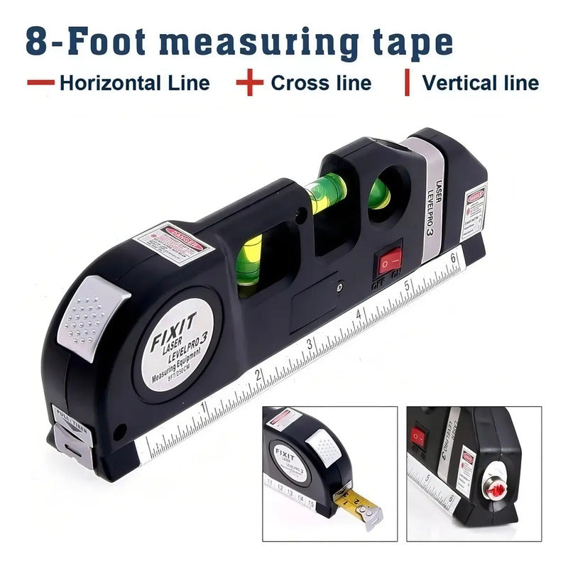 Fixit Nivel Laser 3 Burbujas Cinta Métrica Regla Cruz Horizontal Vertical Negro