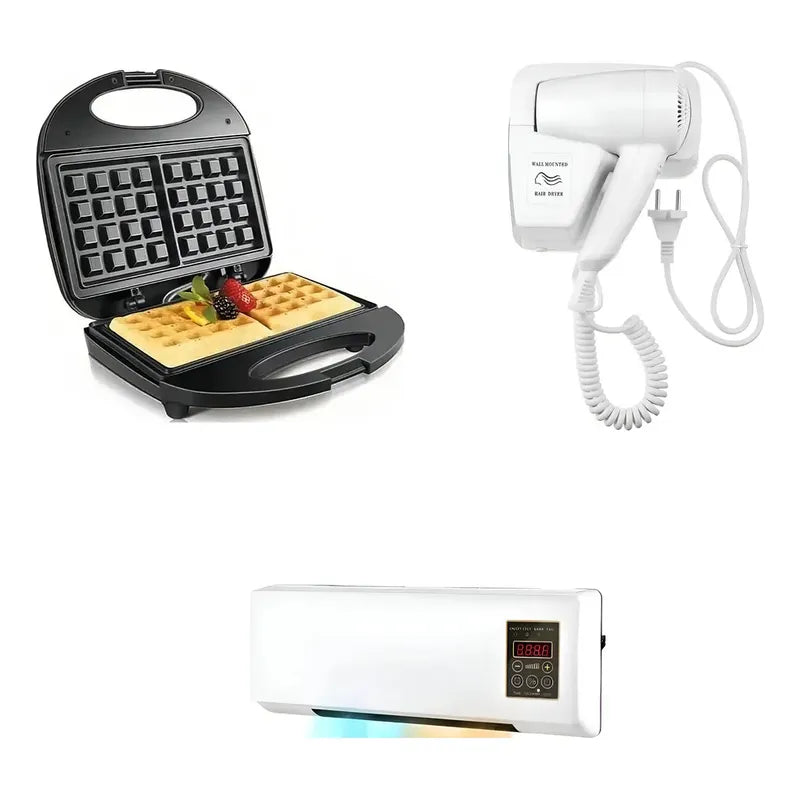 Kit Confort: Calefactor Pared Aire Frío/calor Split Blanco + Máquina Waffles 2 Porciones Negro + Secador Pared Blanco