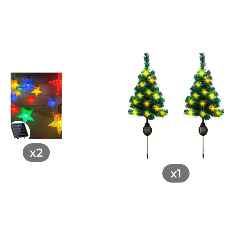 Kit Navidad Solar: 2 Guirnaldas Estrellas Led Multicolor + Pack 2 Estacas Árbol Luz Cálida